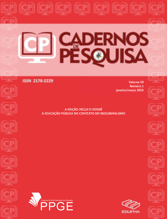 Capa do volume 29, número 1 de janeiro/março 2022, capa com fundo vermelho com logo da revista nome "Cadernos de Pesquisa", indicação do dossiê "A educação pública no contexto do neoliberalismo",
