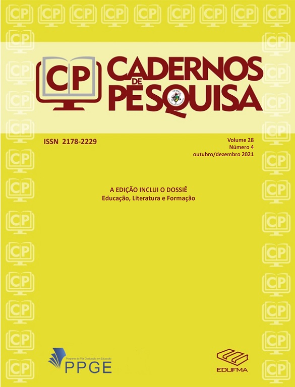 Capa do volume 28, número 4, de outubro/dezembro de 2021, da Revista Cadernos de Pesquisa, com fundo em amarelo e logo da revista (Imagem de uma tela de computador com um livro aberto e as letras C e P nas páginas).